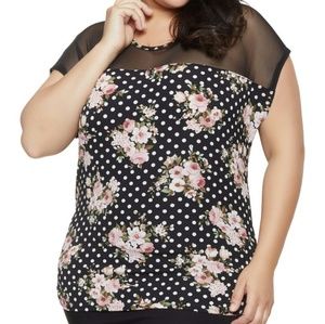 Black With Pink Floral Mesh Yoke Short Sleeve top